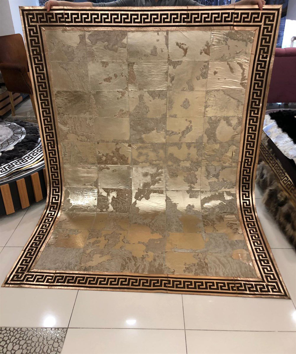 Bienna Fur Kaymaz Taban Açık Altın & Gold Bordür Natürel Hamteks Deri Halı / Kilim