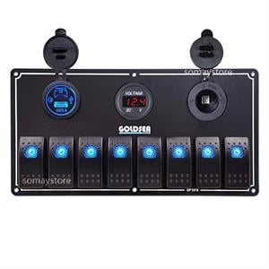 Goldsea Marine Switch Panel 8 Anahtarlı Usb Type-C + Voltmetre + Şarj Soketli 12-24V 120X235mm Mavi