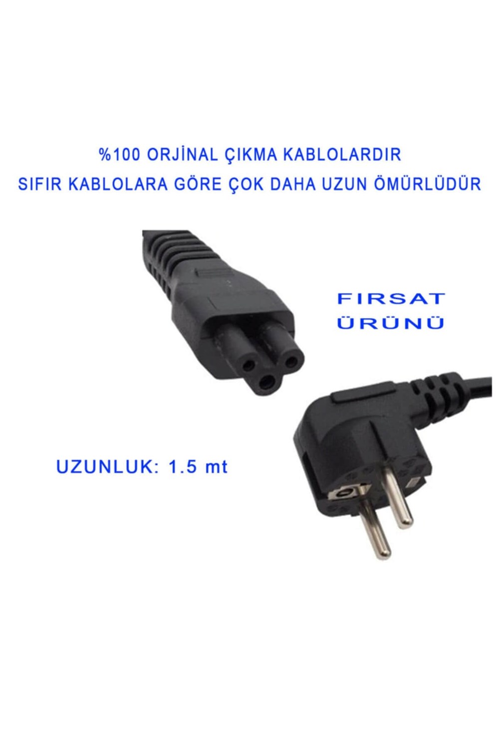 1.5 Mt %100 Orjinal Çıkma Laptop 3'lü Adaptör Kablosu - Yonca Power Kablosu - Güç Kablosu