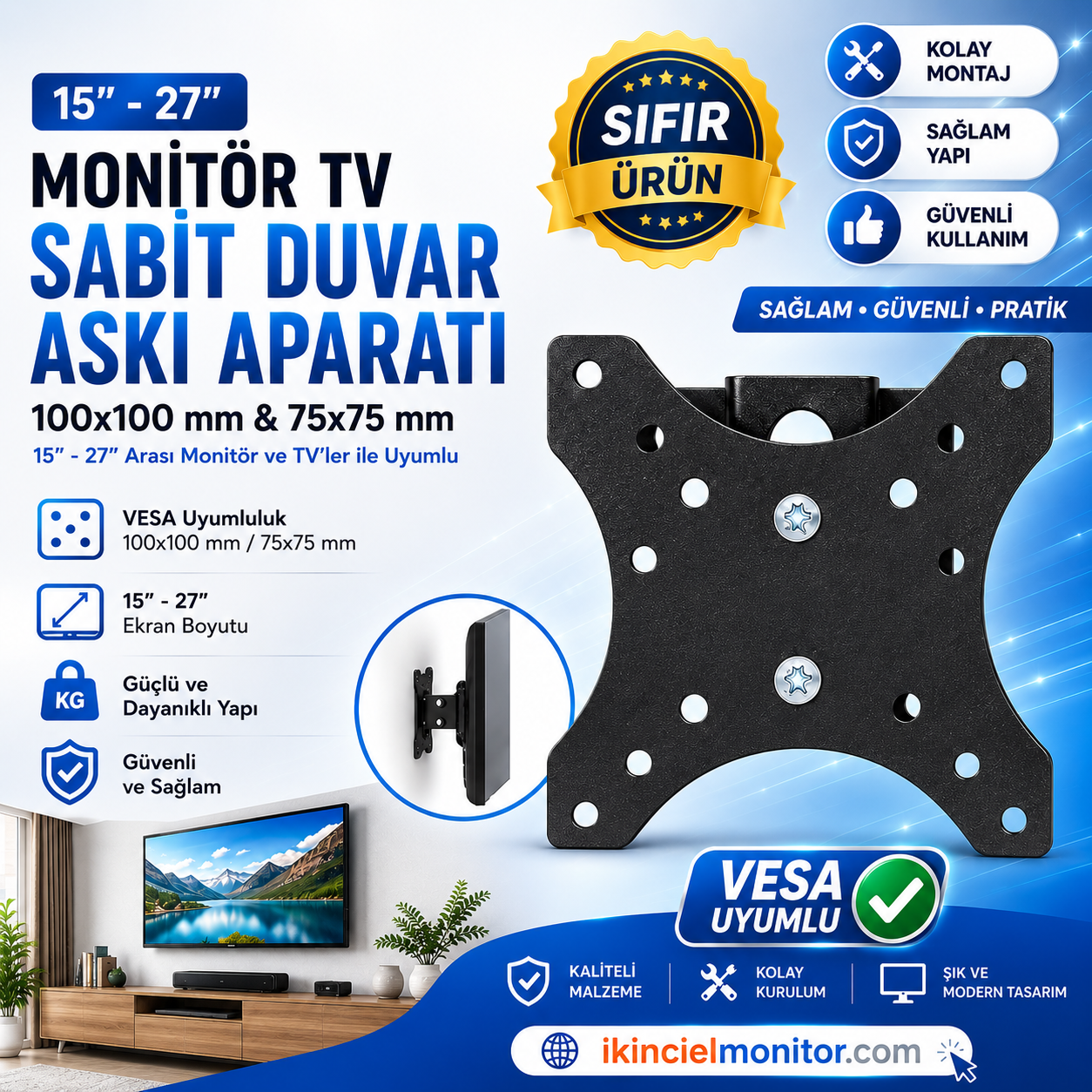 15-27 inç Arası Monitör Tv Sabit Duvar Askı Aparatı