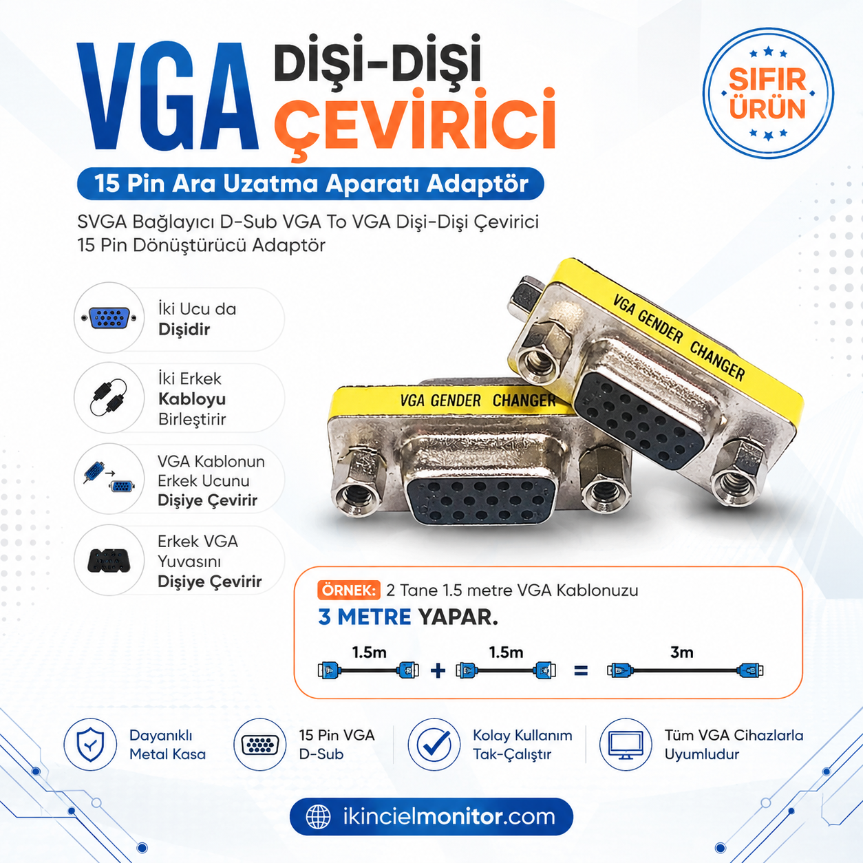 VGA Dişi Dişi Çevirici 15 Pin Ara Uzatma Aparatı Ücretsiz Kargo