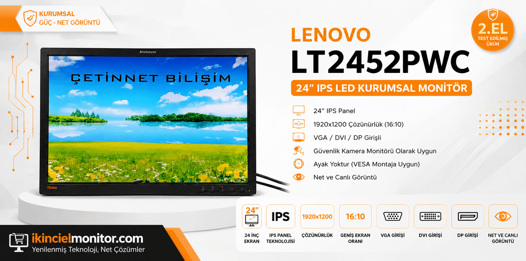 LENOVO LT2452PWC 24 inç IPS LED Kurumsal Monitör 1920x1200 VGA DVI DP