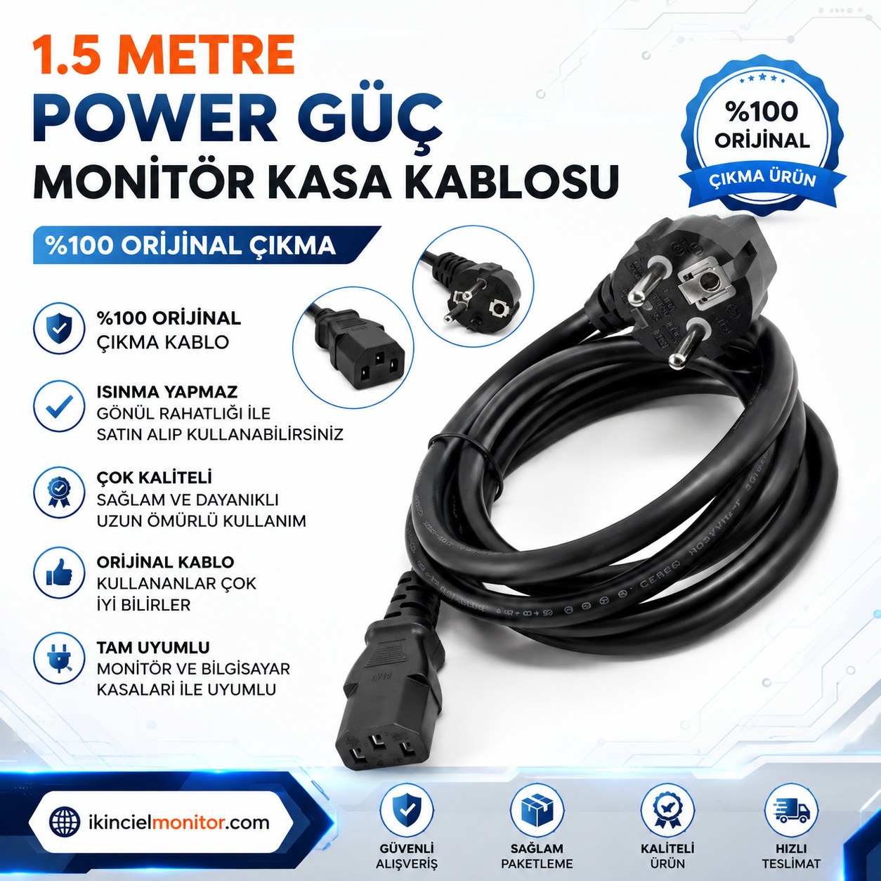 1.5 Mt %100 Orjinal Çıkma Power Güç Monitör Kasa Kablosu