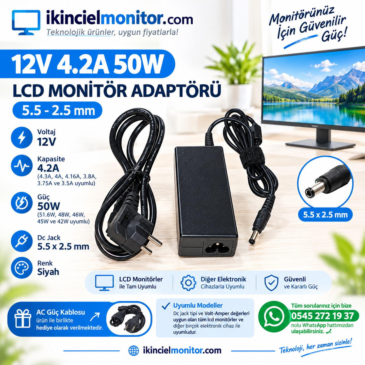 12V 4.2A 50W LCD Monitör Adaptörü 5.5-2.5mm