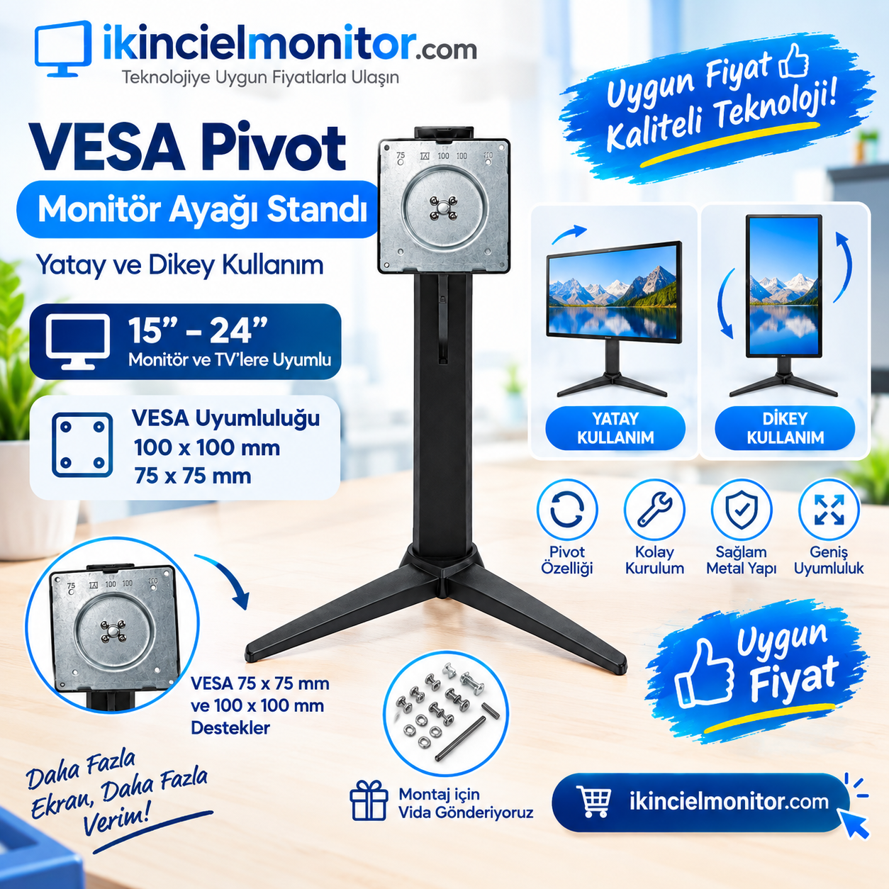75x75 100x100 mm Vesa Pivot Monitör Ayağı Standı