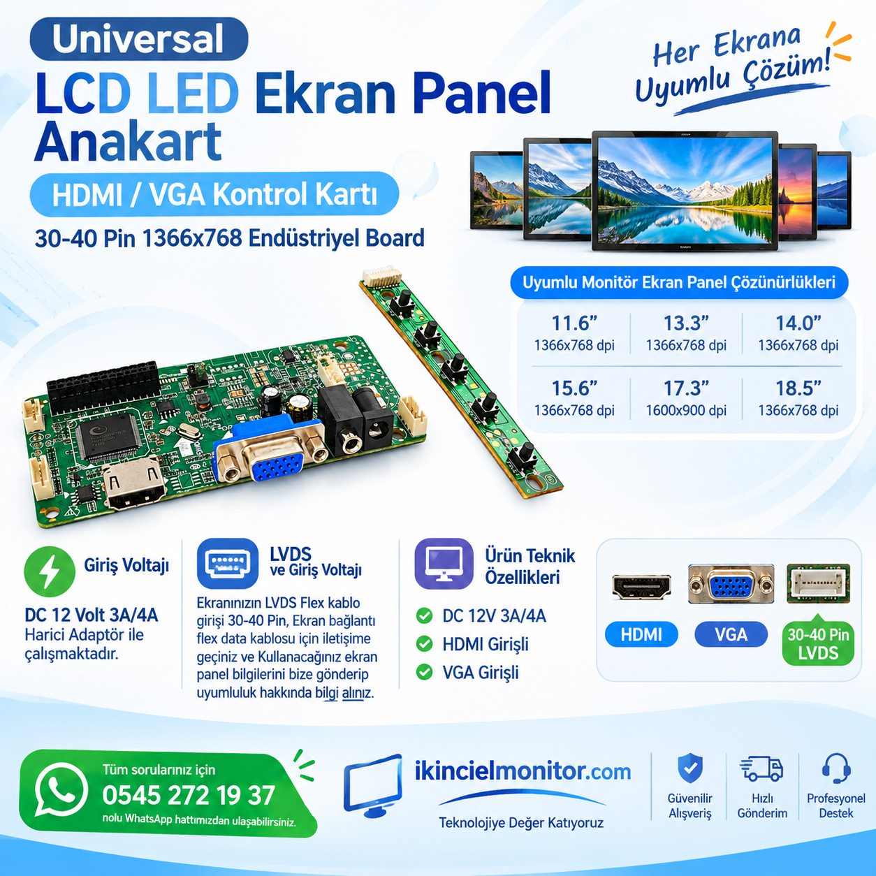 LCD LED Ekran Panel Kontrol Kartı HDMI Universal 1366x768