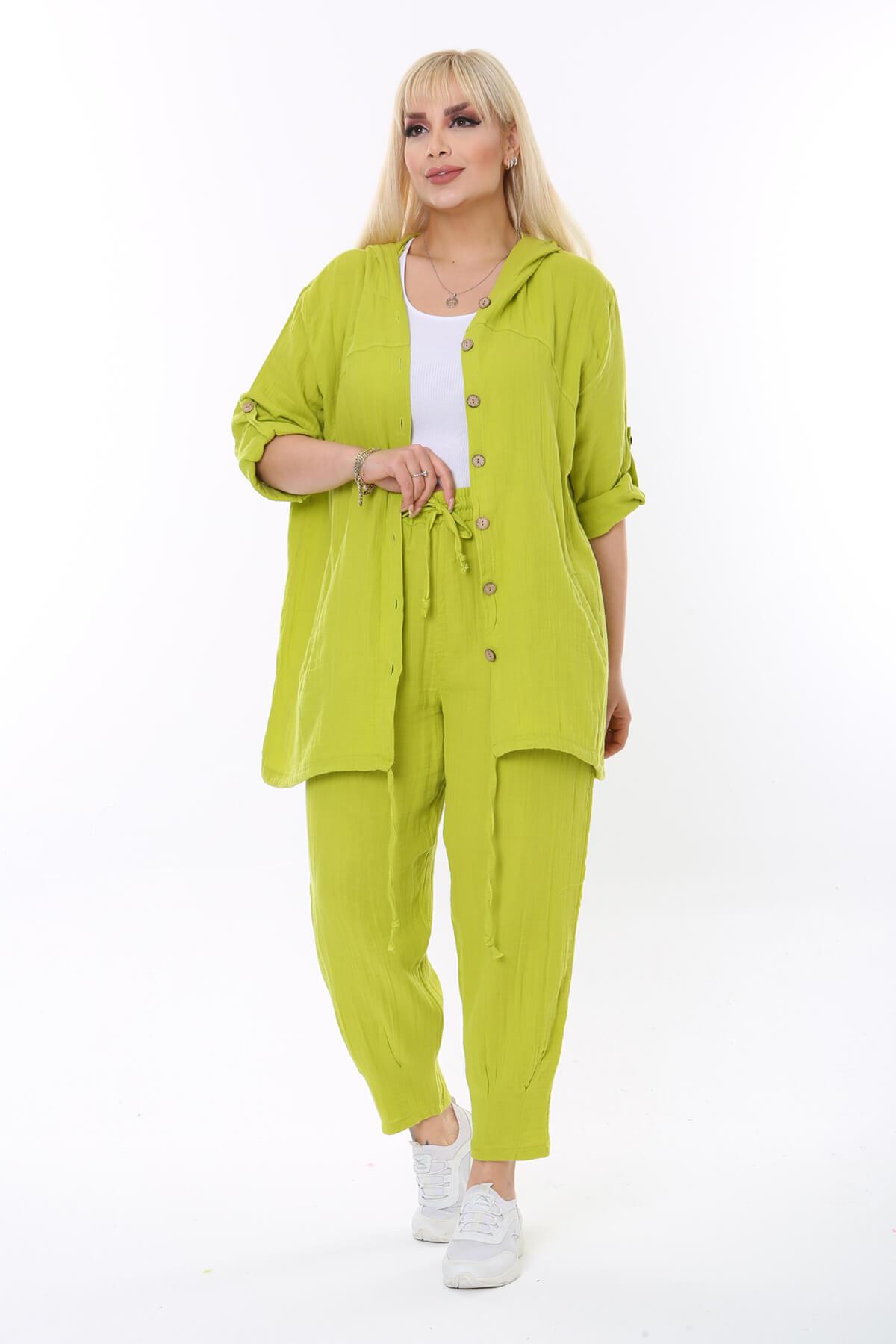 Büyük Beden Muslin Kumaş Fıstık Yeşili Pantolon Ceket Takım l Mia Butik