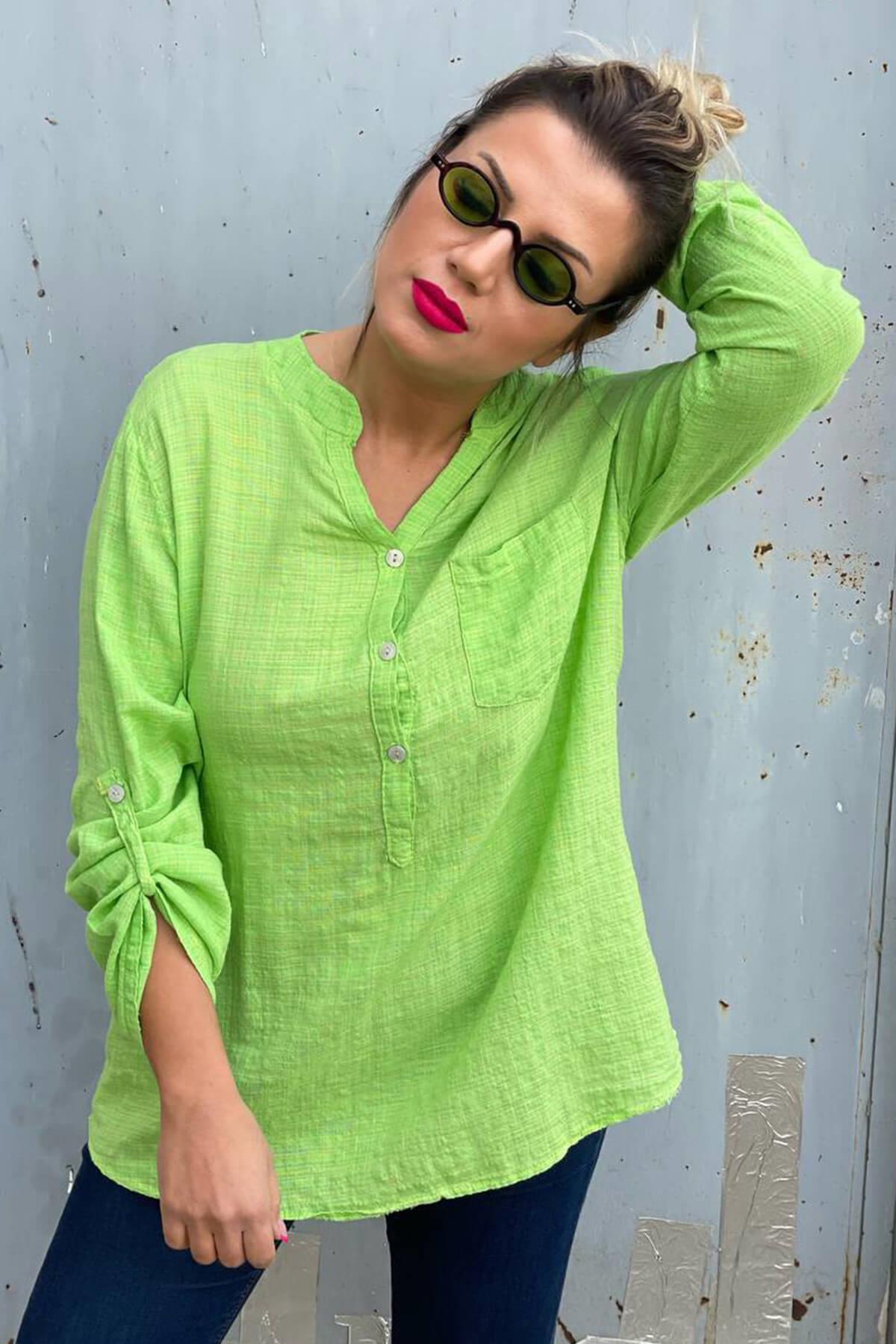 Kadın Ham Keten Fıstık Yeşili Salaş Bluz l Mia Butik