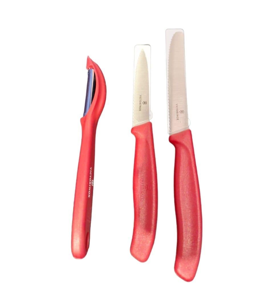 Victorinox Tırtıklı Bıçak ve Soyacak Seti 3'lü Kırmızı
