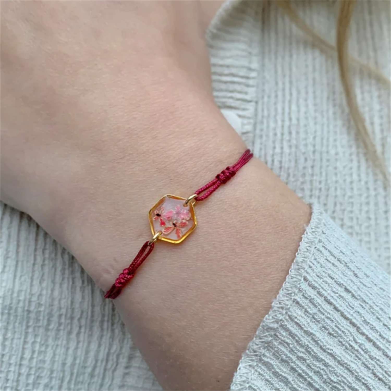 Fiorel Design | Gerçek Pembe Çiçekli Altıgen Bileklik