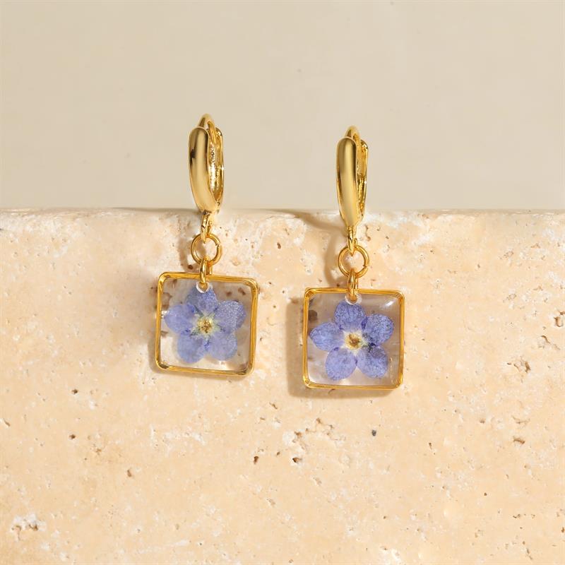 Fiorel Design | Gerçek Unutma Beni Çiçekli Sallantılı Kare Küpe