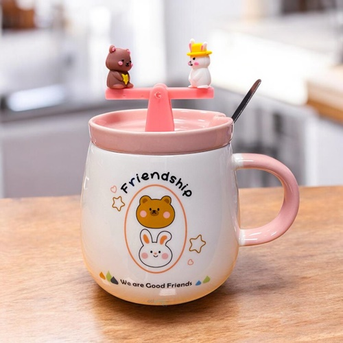 Bam Seramik Kupa Friendship Figürlü Kaşıklı Pembe