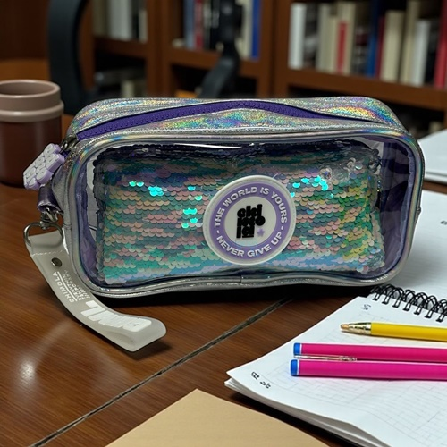 Chimola Emoji Şeffaf Ve Pullu İkili Mor Kalem Çantası