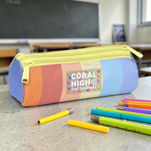 Coral High Kids Renkli Çizgili Kalem Çantası Üç Bölmeli