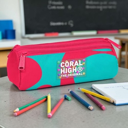 Coral High Neon Mercan Turkuaz Desenli Kalem Çantası Üç Bölmeli
