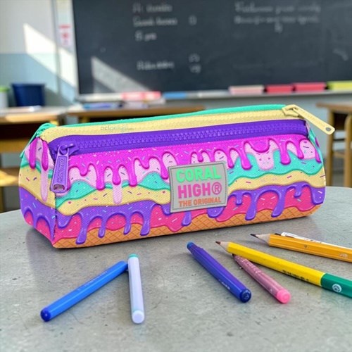 Coral High Pembe Rengarenk Dondurma Desenli Kalem Kutusu Üç Bölmeli