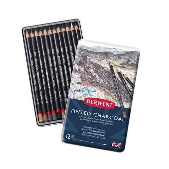 Derwent Tinted Charcoal Renkli Kömür Füzen Kalem Seti 12 Renk