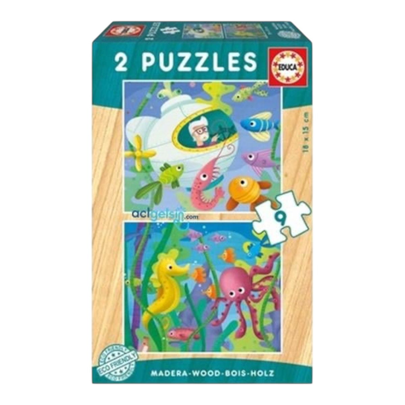 Educa Aguatic Animals 2x9 Parça Ahşap Puzzle