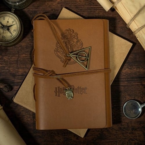 Harry Potter Desenli Deri Kapak Kraft A6 Defter Açık Kahve