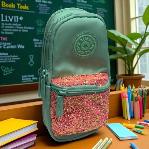 Kaukko Junior Bag Bright Üç Gözlü Kalem Çantası Taşlı Mint