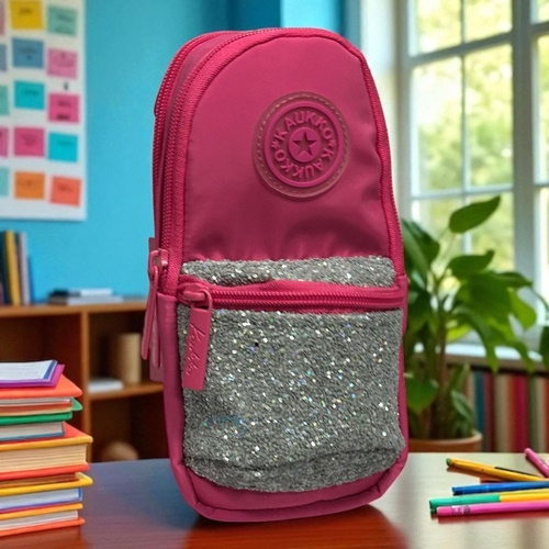 Kaukko Junior Bag Bright Üç Gözlü Kalem Çantası Taşlı Pembe