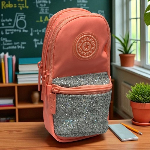 Kaukko Junior Bag Bright Üç Gözlü Kalem Çantası Taşlı Somon