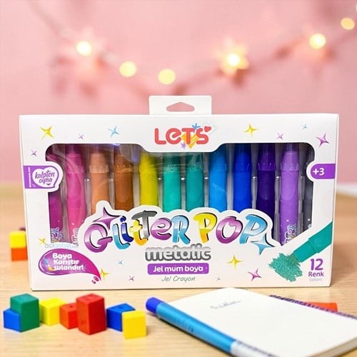 Lets 12 Renk Glitter Pop Metalik Jel Mum Boya