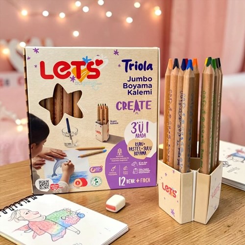 Lets Triola Pastel,sulu,kuru Jumbo Boyama Kalemi 12 Renk Fırça Hediyeli
