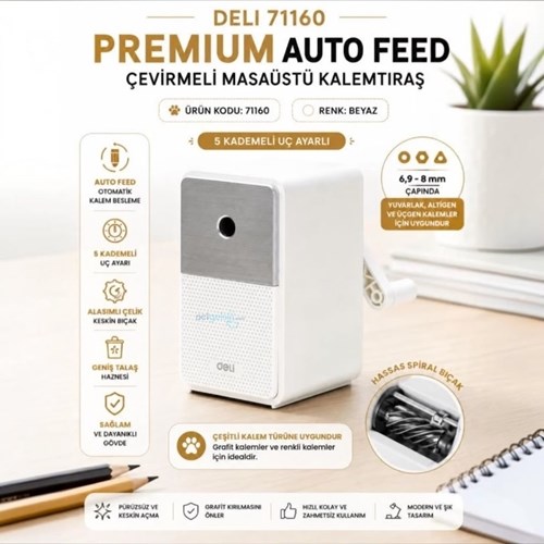 Masa Üstü Premium Kollu Kalemtraş 5 Kademe Uç Ayarlı Beyaz