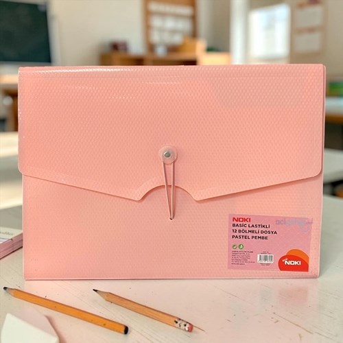 Noki Basic Lastikli 12 Bölmeli Dosya Pastel Pembe