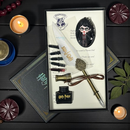 Nostaljik Harry Potter Beyaz Tüylü Dolma Kalem Seti Ve Anahtarlık