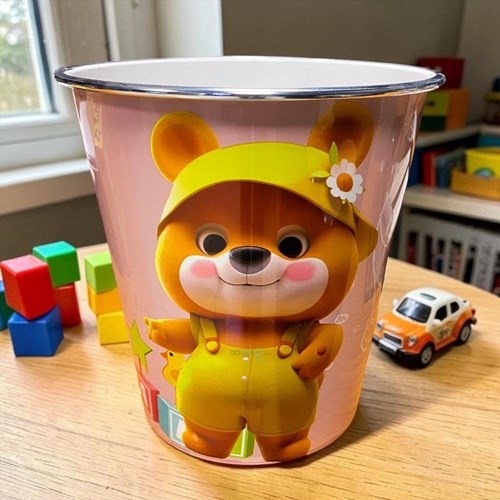 Plastik Çöp Kovası Ayıcık Desenli Baskılı Yuvarlak