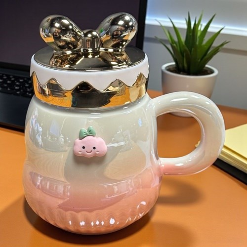Porselen Kupa Bardak Gold Kulak Kapaklı Şirin Tasarım Mug
