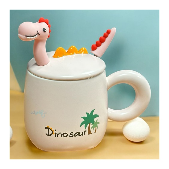 Porselen Kupa Bardak Kapaklı Kaşıklı 3d Dinosaur