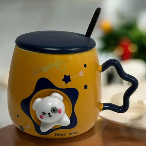 Porselen Kupa Bardak Kapaklı Kaşıklı 3d Cats