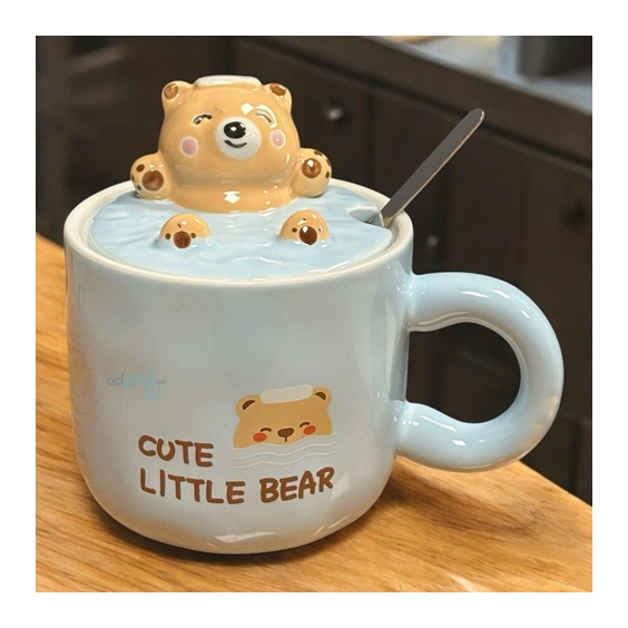 Porselen Kupa Bardak Kapaklı Kaşıklı 3d Little Bear