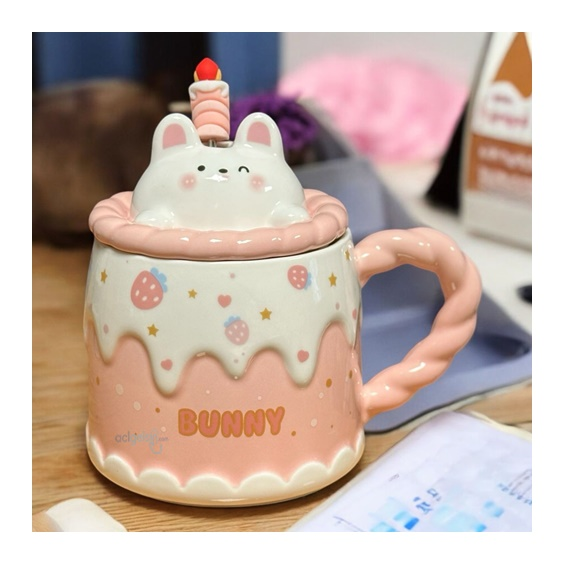 Porselen Kupa Bardak Kapaklı Kaşıklı 3d Bunny