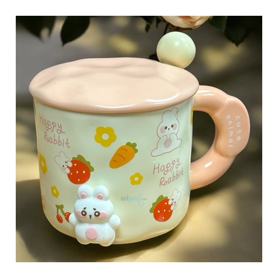 Porselen Kupa Bardak Kapaklı Kaşıklı 3d Happy Rabbit