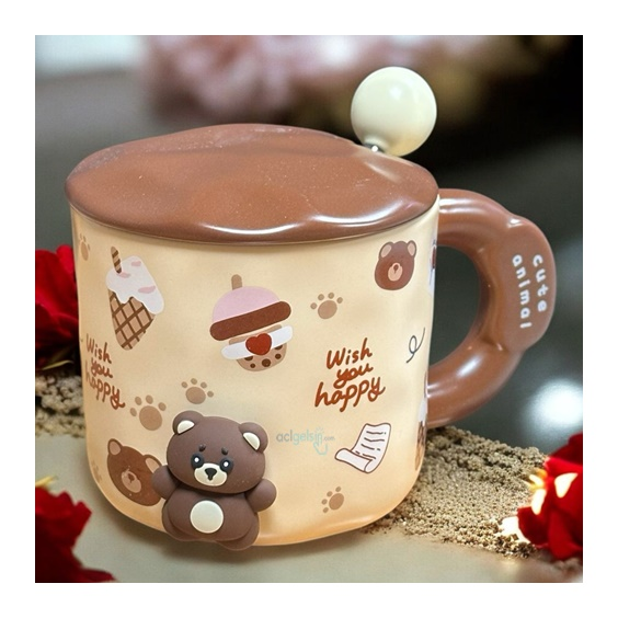 Porselen Kupa Bardak Kapaklı Kaşıklı 3d Cute Animal
