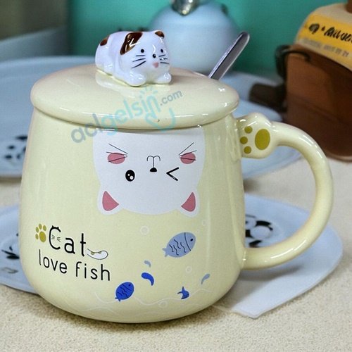 Porselen Kupa Bardak Kapaklı Kaşıklı 3d Love Fişh Cats