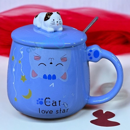 Porselen Kupa Bardak Kapaklı Kaşıklı 3d Love Fişh Cat