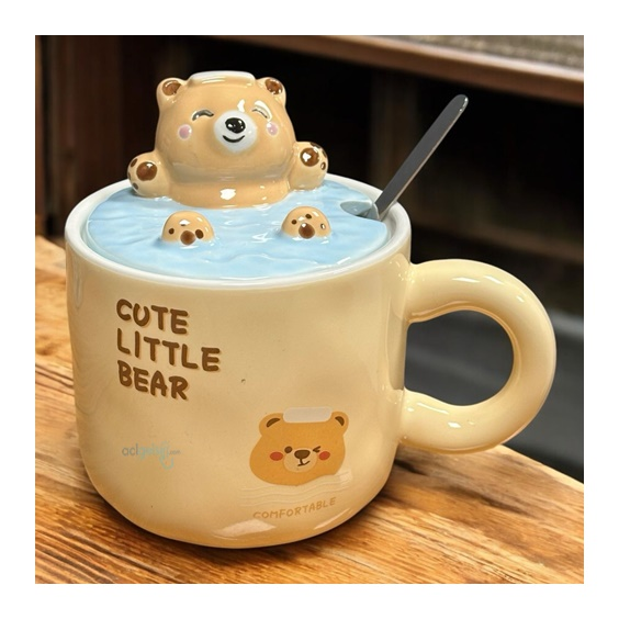 Porselen Kupa Bardak Kapaklı Kaşıklı 3d Cute Bear