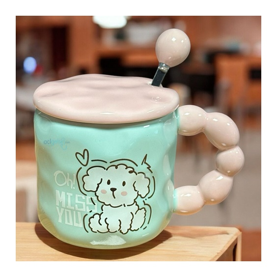 Porselen Kupa Bardak Kapaklı Kaşıklı 3d Sevimli Köpek
