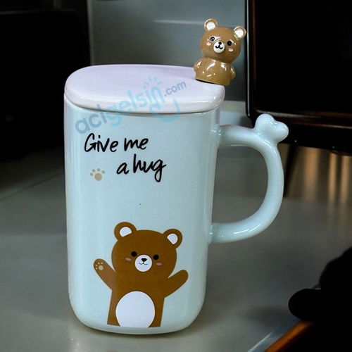 Porselen Kupa Bardak Kapaklı Kaşıklı Bear