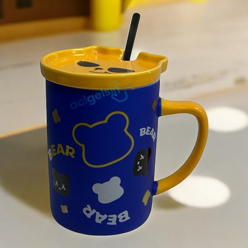 Porselen Kupa Bardak Kapaklı Kaşıklı Bear