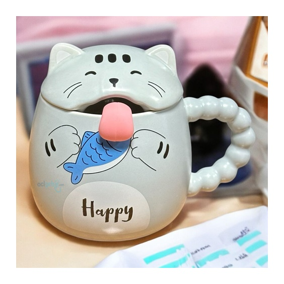 Porselen Kupa Bardak Kapaklı Kaşıklı Cat