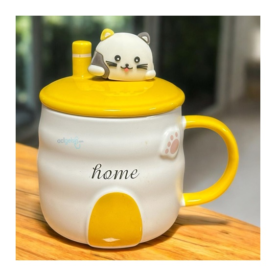 Porselen Kupa Bardak Kapaklı Kaşıklı Home Cats