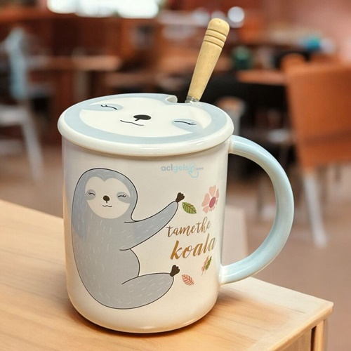 Porselen Kupa Bardak Kapaklı Kaşıklı Koala