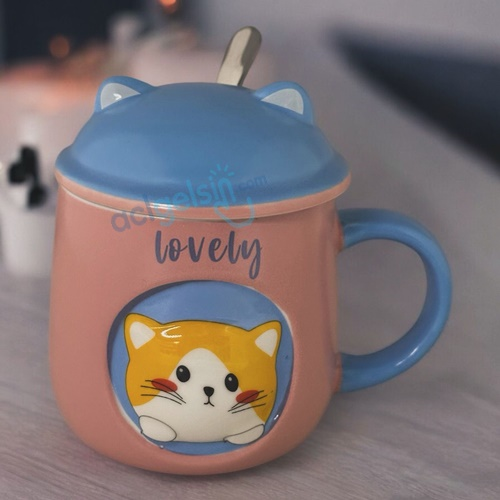 Porselen Kupa Bardak Kapaklı Kaşıklı Lovely Cat