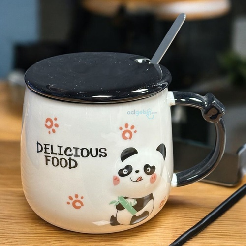 Porselen Kupa Bardak Kapaklı Kaşıklı Panda